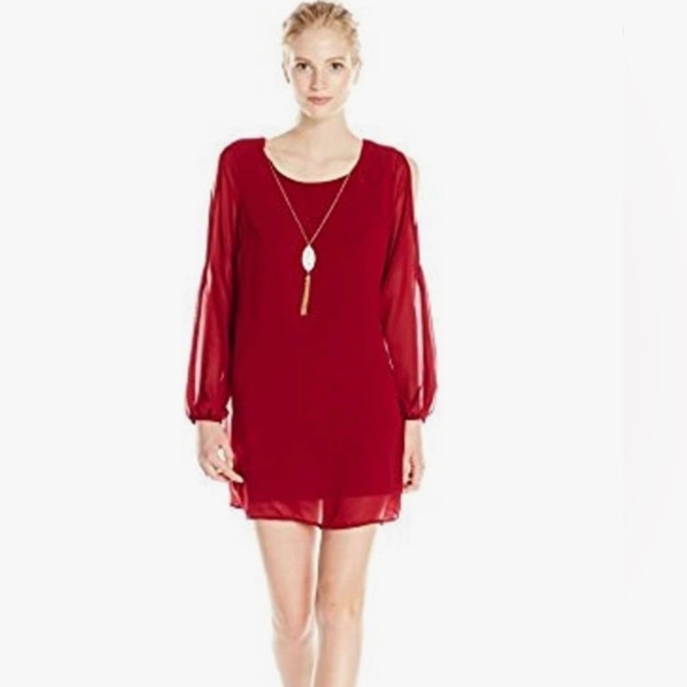 As U Wish Red Longsleeve Mini Dress with Sheer Sleeves Scoop Neck size L